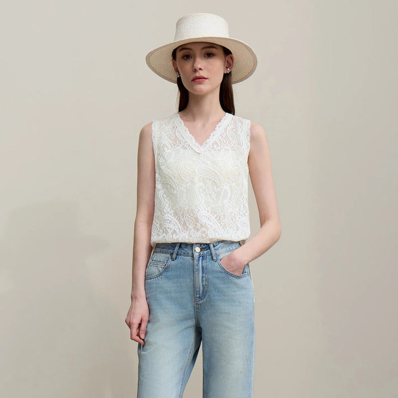 Amii Women's Camisole 2026 Summer New V-Neck Paisley Lace Tank Tops Loose Lightweight Sheer Female Sleeveless Shirt 12652017