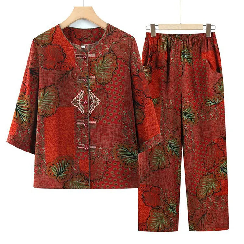 សំលៀកបំពាក់យាយ XL-5XL ឈុតគេងសម្រាប់យាយ ឈុតថ្មីសម្រាប់រដូវផ្ការីក រដូវស្លឹកឈើជ្រុះ ឈុតគេងសម្រាប់ស្ត្រី ឈុតប៉ាក់កប្បាស ឈុតនៅផ្ទះ ទំហំធំ ឈុតសម្រាប់ម្តាយនៅខាងក្រៅ