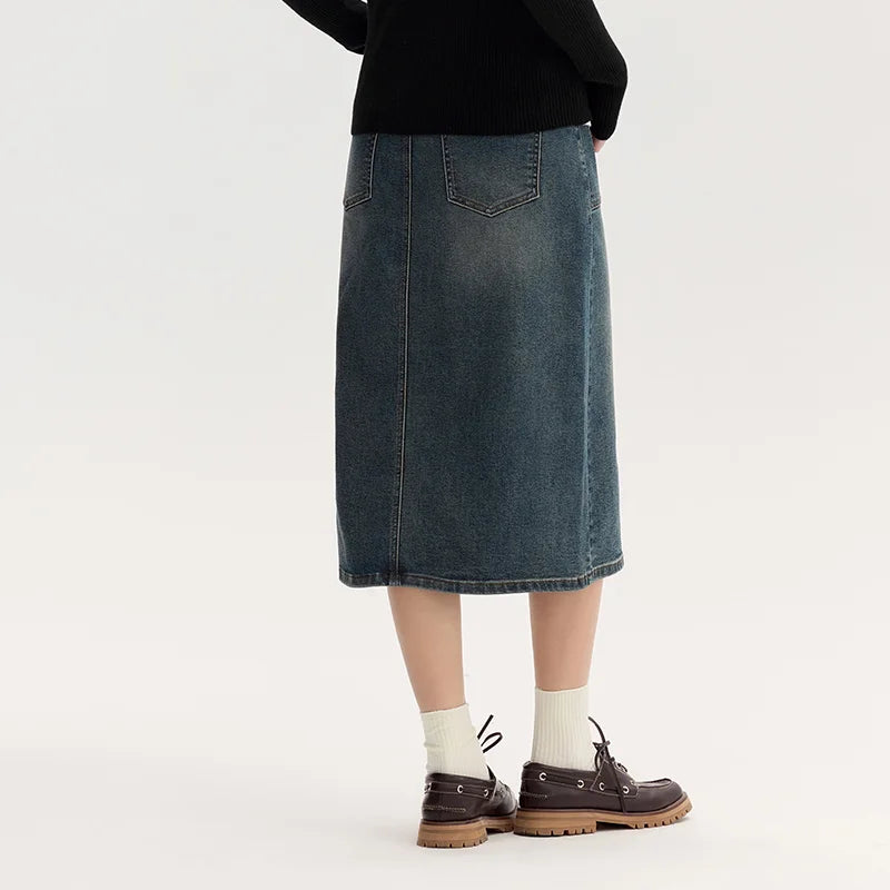 Semir Denim Skirt Women's Split 2024 New Autumn Retro Straight Skirt