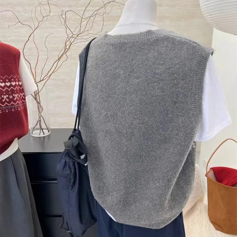 Retro Jacquard Knitted Cardigan Vest Women's Spring Autumn Round Neck Lazy Wind Casual Stacked Top Sleeveless Knitwear Sweater