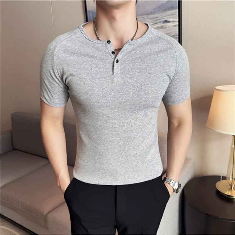Men's Slim Fit Henley T-Shirt - Summer Short Sleeve Rib Knit Gym Workout Top | Stretchy Bodybuilding Muscle Tee for Fitness