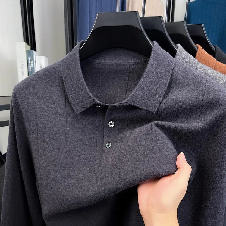 Men's Polo Collar Wool Blend Sweater 340g Thick Anti-Pilling Long Sleeve Knitwear for Spring Autumn