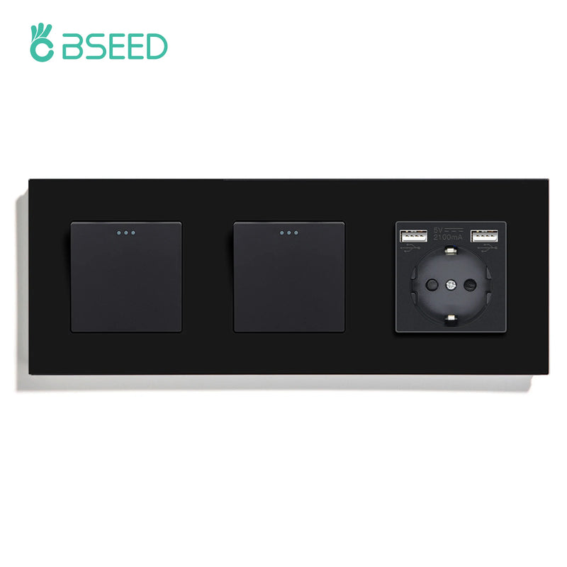 BSEED EU Standard Wall Button Switches Double 1Gang 1Way Wall Power Sockets USB Charger Glass Panel Type-C Socket Outlets