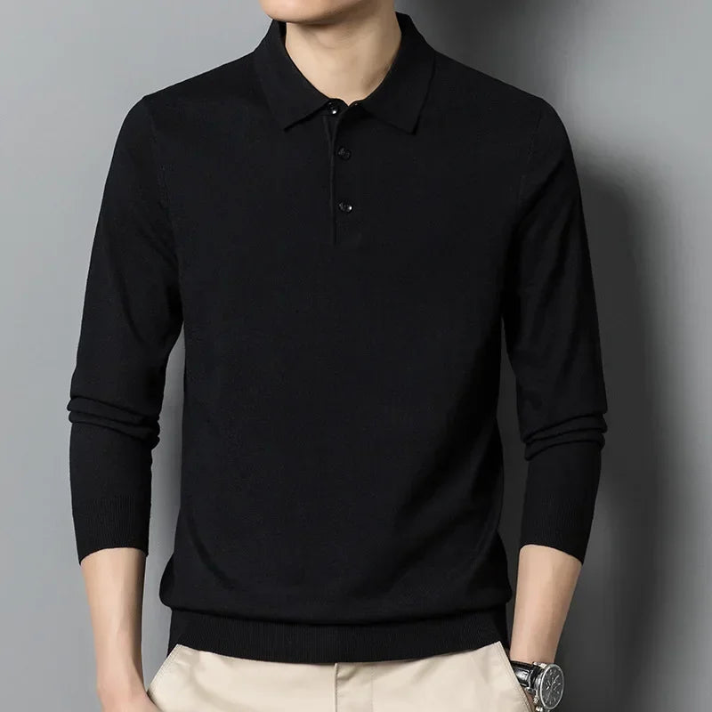 Men's Autumn Long-Sleeved Wool Blend Solid Color Polo Pullover Sweater with Lapel, Casual Bottoming Sweater -Sizes M-4XL