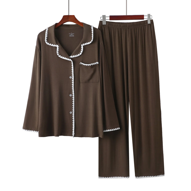 New Embroidery Modal Long Sleeved Spring Autumn Pajamas For Women Sleepwear Trousers Sets High Quality Women's Home Clothes