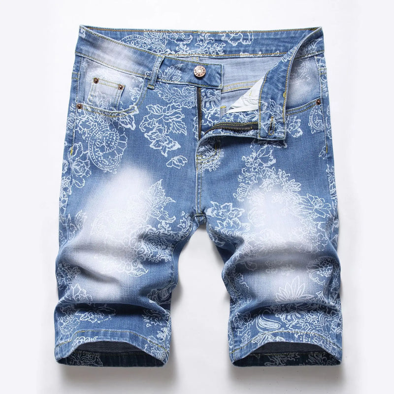 New Summer Collection of Men's Blue Stretch Denim Shorts, Stylish Casual Printed Jeans Shorts, Asian Sizes 28–42.