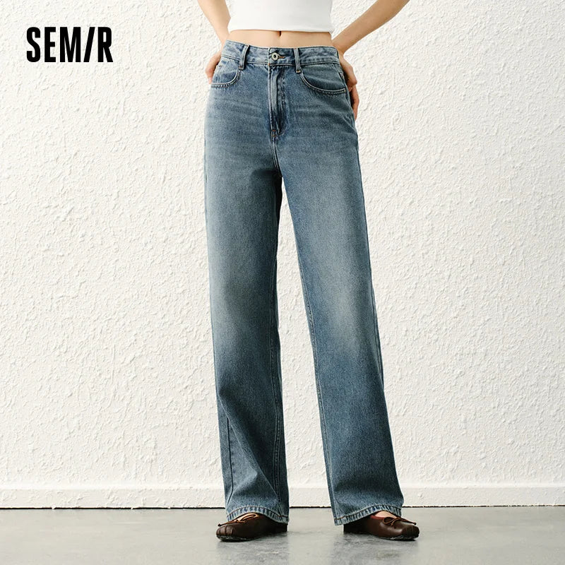 Semir Jeans For Women 2026 Spring Blend Distressed Long Demin Pants Comfort Basic Vintage Versatile Wide Leg Trousers