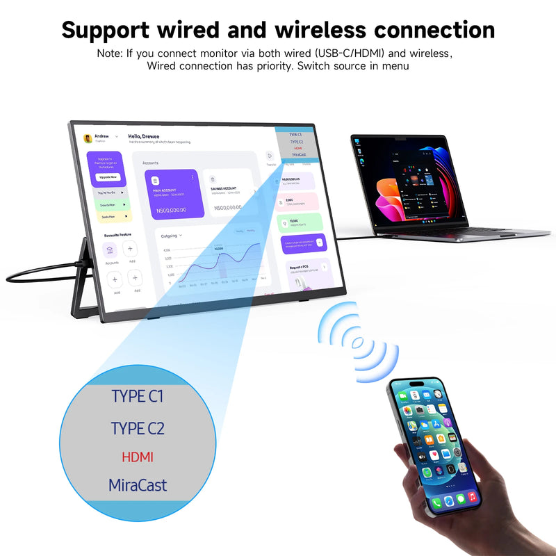UPERFECT Wireless Portable Monitor 15.6" 60HZ Computer Display With Battery 100% sRGB 1920x1080 Extension Screen for Pc Phone