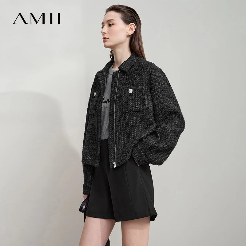 AMII Women's Jackets Classic Turn-down Collar Zipper Tweed Straight Long Sleeve Tops 2026 Autumn New Elegant Woman Coat 12543098