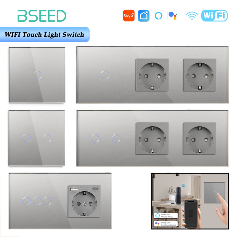 BSEED Wifi Light Switches Smart Wall Switch 1/2/3Gang 1/2/3/4Way Touch Sensor Switch With Normal Socket Support Tuya Smart Life