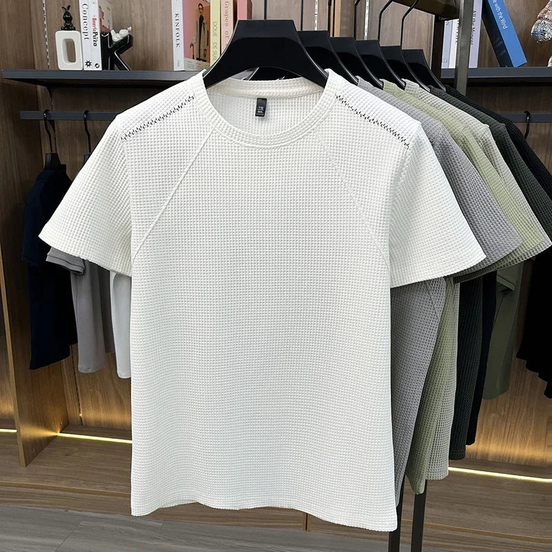 Men Waffle Knit Short Sleeve Crew Neck T Shirt Casual Lightweight Breathable Soft Top For Daily Use