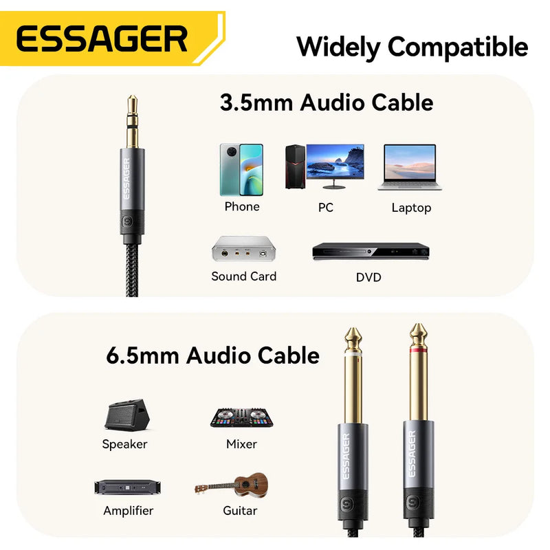 ESSAGER 3.5mm to Dual 6.5mm TRS Cable  AUX Adapter Audio Cable Jack 3.5 to 6.35 Stereo Cable for Mixer Amplifier Speaker Guitar