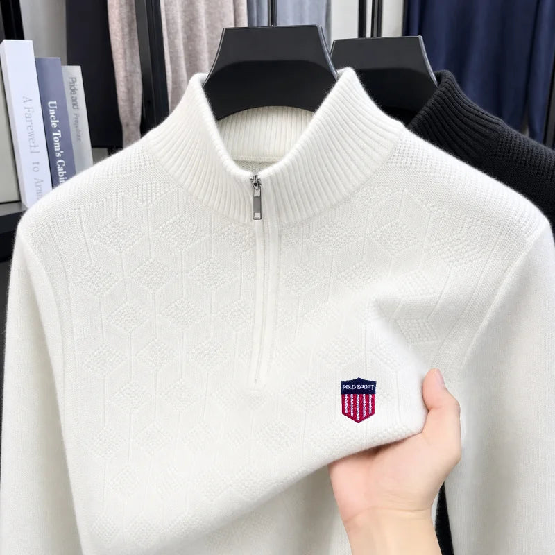 Quality Man Long-Sleeved Knitwear Mock Neck Zipper Letter Pattern Embroidery Autumn Winter New Pullover Leisure Snug Men's Tops