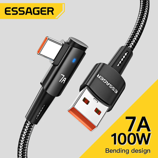 ខ្សែសាក Essager 7A USB Type C 90 ដឺក្រេ សម្រាប់ OPPO 100W ខ្សែសាកលឿន សម្រាប់ Honor Huawei Oneplus Realme ខ្សែសាកទិន្នន័យមុំ
