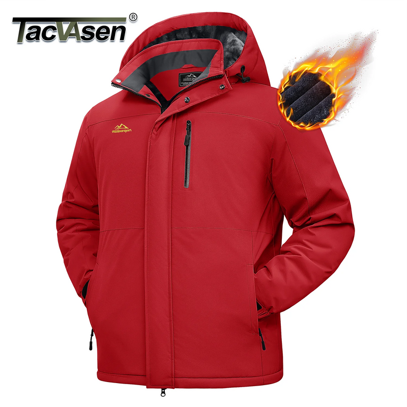 TACVASEN Mens Heavyweight Ski Jacket Waterproof Fleece Parka Detached Hood Windproof Placket Outdoor Coat Winter Warm 5 Pocket