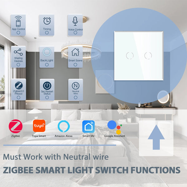 BSEED កុងតាក់ប៉ះ Zigbee 1/2/3Gang 1/2/3Way កុងតាក់ជញ្ជាំងឆ្លាតវៃ Tuya Google Home App Alexa ការគ្រប់គ្រងសំឡេងត្រូវការខ្សែអព្យាក្រឹត