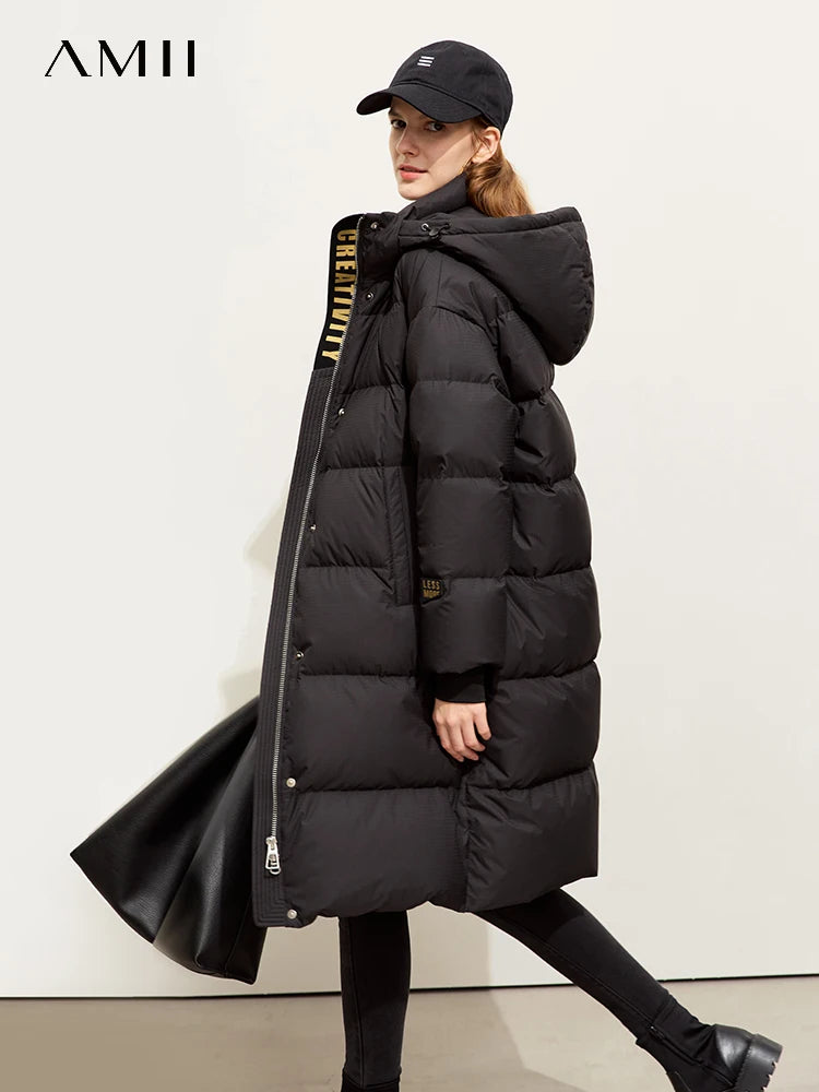 AMII Women's Heat Warm Storage Hooded Long Sleeve Duck Down Jacket Female Winter Letter Print Loose Outerwear Coats 12424044