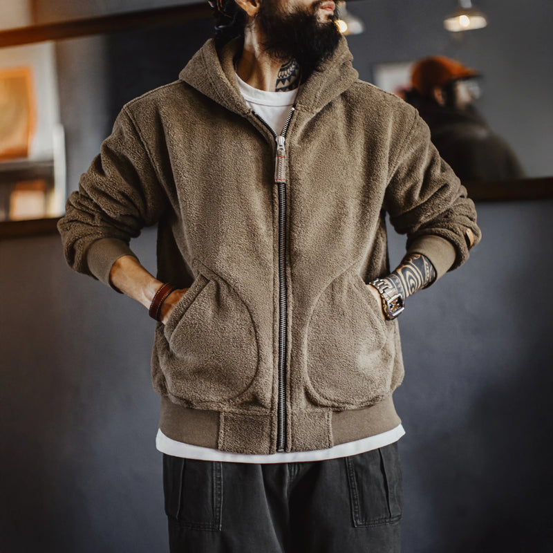 អាវក្រៅ Maden សម្រាប់បុរស ពណ៌ Khaki Fleece Zip Hoodie រដូវរងា ក្រាស់ ក្តៅ និង មានស្រទាប់ Sherpa ខាងក្នុង អាវធម្មតាប្រចាំថ្ងៃ