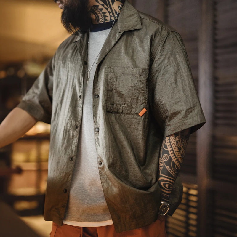 Maden Outdoor Cuban Collar Shirt Men's Summer Lightweight Breathable Short Sleeve Single-breasted Plaid Hiking Street Blouse
