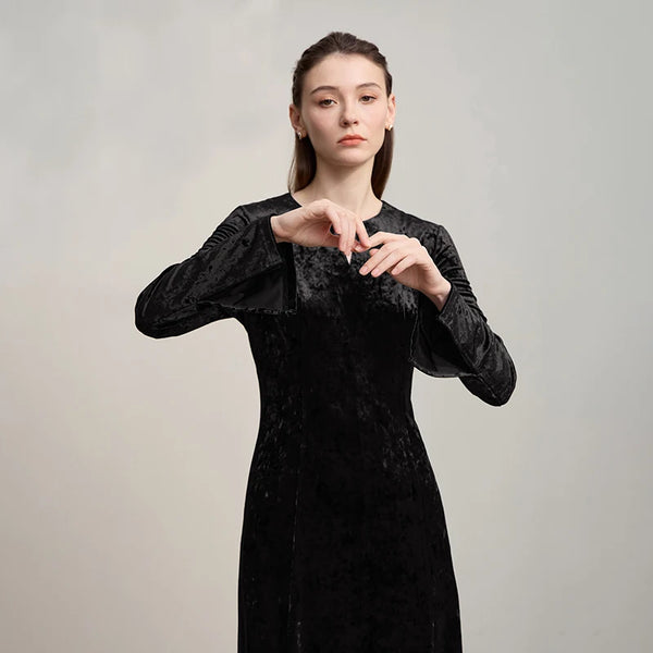 AMII Womens Dresses 2026 Autumn New Retro Long Sleeves A-Line Dress Ladies O-neck Slim Knitted Elegance Woman Clothing 12553103