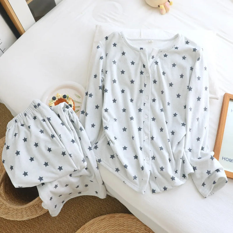 Warm Women's Pajamas Soft Pijamas Set for Women Home Suit Autumn Winter Printed Sleepwear Casual Two-piece Trousers Homewear