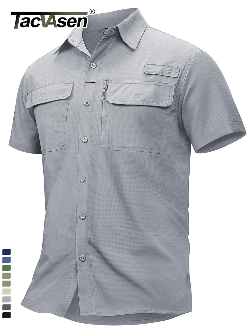TACVASEN Short Sleeve Fishing Shirts Men's UPF 50+ Sun Protection Cargo Work Shirts Mesh Breathable Quick Dry Hiking Shirts Man