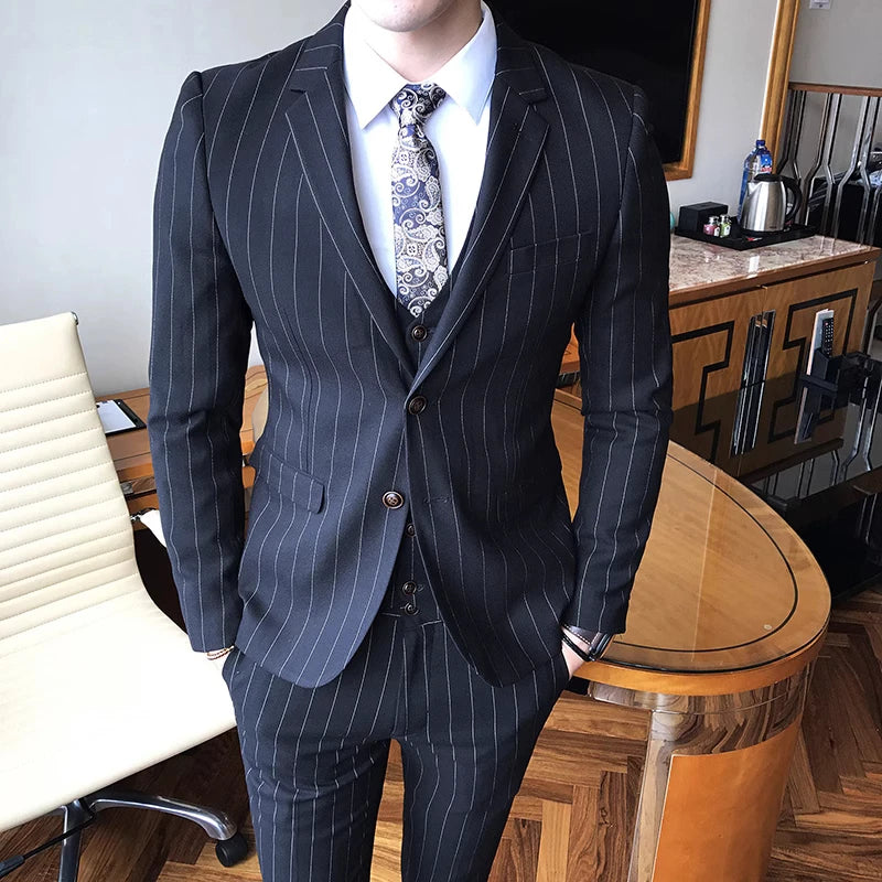 2026 Men Black Classic Striped/Checked Suits, Men's Business Office 3-Piece, Asian Size Slim Fit Sets, Blue/Gray Available