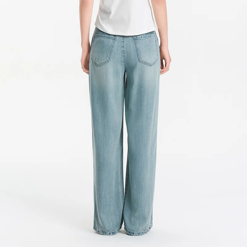 Semir Women Pants Denim Half Elastic Waist Slit Floor Length Comfort Slim Fit Cool Wide Leg 2026 Summer Casual Fashion Top