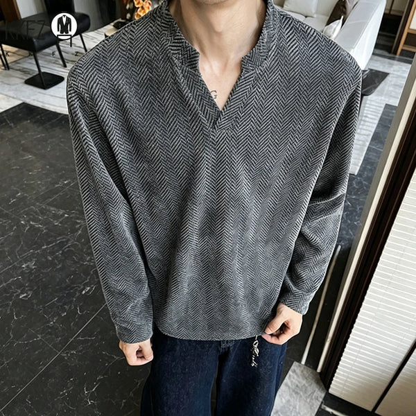 Mens Casual Loose Long Sleeve Top Notched V Neck Herringbone Jacquard Pattern Breathable Fabric Daily Wear