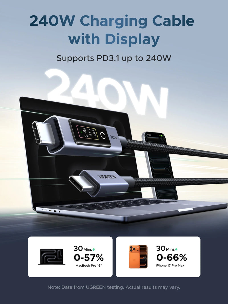 UGREEN PD240W USB-C Cable Digital Display Charging Smart Cable for Laptop HP Dell MacBook iPhone Duo 18/17 Samsung S26/25 iPad