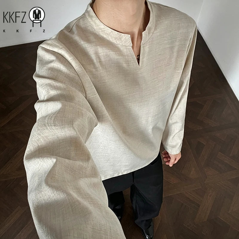 Mens Long Sleeve V Neck Mandarin Collar Shirt Linen Weave Fabric Loose Silhouette For Daily Occasions