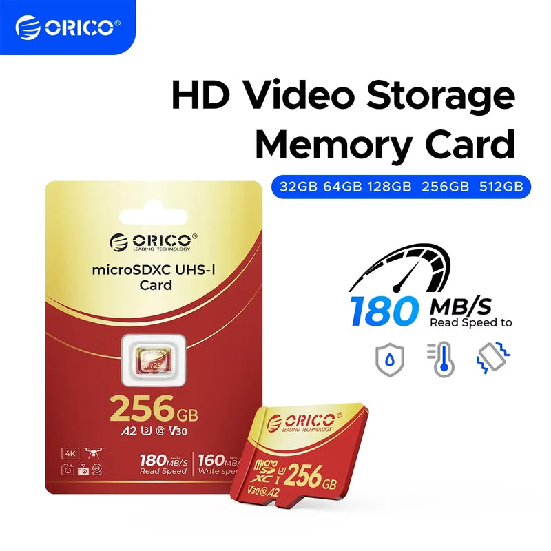 ORICO 256GB Micro SD microSDXC R/W Up to180MB/s Full HD and 4K UHD C10, U3, V30, 4K, A2 for Camera Drone Dash Cam