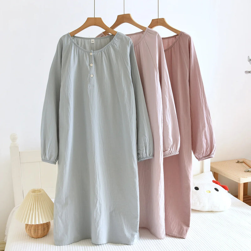 Gauze Cotton Sleepwear Women's Nightie New Spring Summer Long Sleeve Loose O-Neck Nightgowns Nightwear for Woman Night Clothes