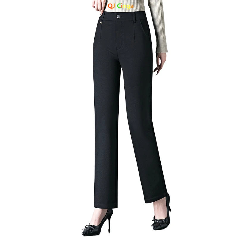 Asian Size Black Women's Elastic Waist Trousers, Fashion Casual Pants, Khaki High Stretch Pant, 27, 28, 29, 30, 31, 32, 33, 34