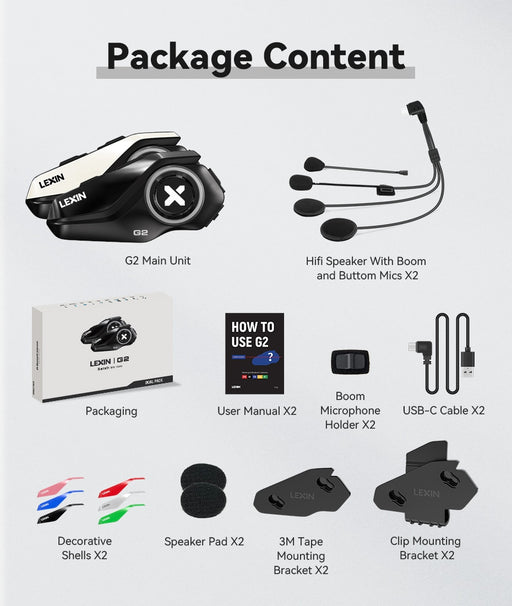 2023 New Lexin G2 Motorcycle Intercom Helmet Bluetooth Headsets,Handsfree Communicator Up to 6 Riders Interphone with FM Radio China Double pack 2PCS