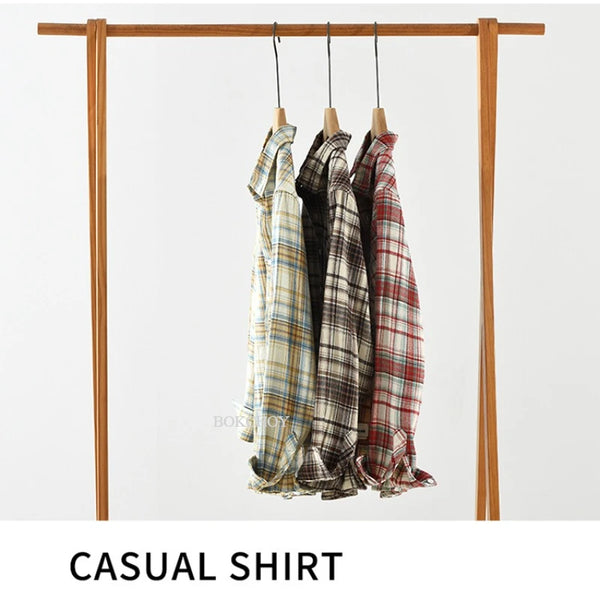 Autumn New Vintage Plaid Soft 100% Cotton Long Sleeve Shirt for Men Clothing Comfort Versatile Streetwear CM7673