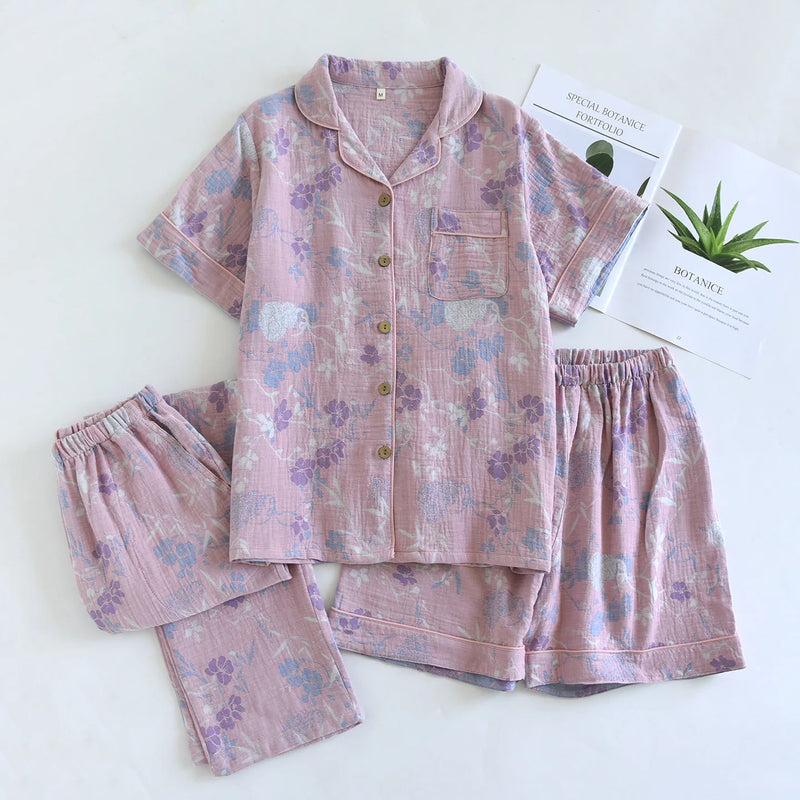 Retro Floral Summer Pajamas Lapel Short Sleeve Sleepwear Women's Cotton Home Wear New Three-Pieces Pyjama Set Woman Nightwear