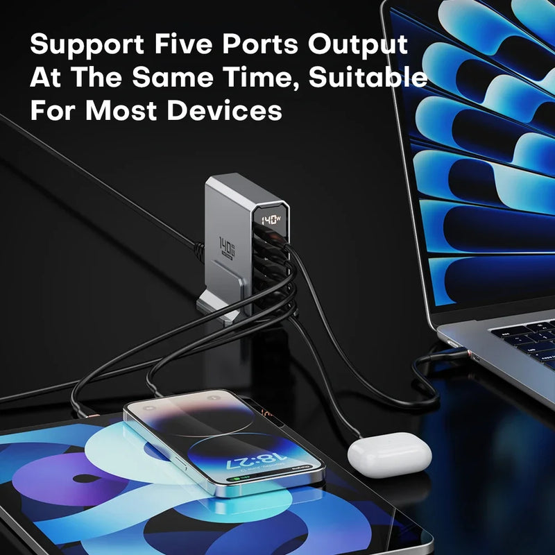 ឆ្នាំងសាក USB GaN 140W 5 រន្ធ ប្រភេទ C PD3.0 QC Quick Charge 4.0 3.0 PPS USB C ឆ្នាំងសាកលឿនសម្រាប់ iPhone 14 13 Samsung Macbook ថេប្លេត