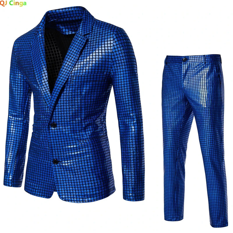 2026 Rainbow Color Men's Striped Suit Two-Piece, Fashion Suit Jacket and Pants, Green Silver Sets (Light Thin Stretch Fabrics)