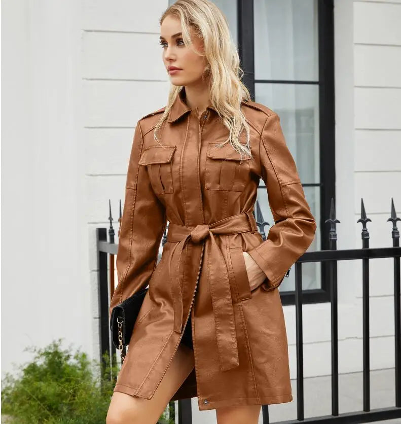 Women's Red Long Waist Lace-up Leather Jacket,2026 New Black Lapel PU Windbreaker Jacket Fashion Female Single-breasted Overcoat