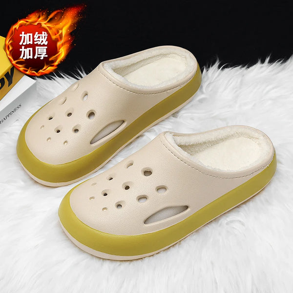 Indoor Soft Comfort Clogs with Fur Warm Plush Slippers Winter Home Cotton Shoes Half Shoes for Men Women Slip on Rubber Sandals