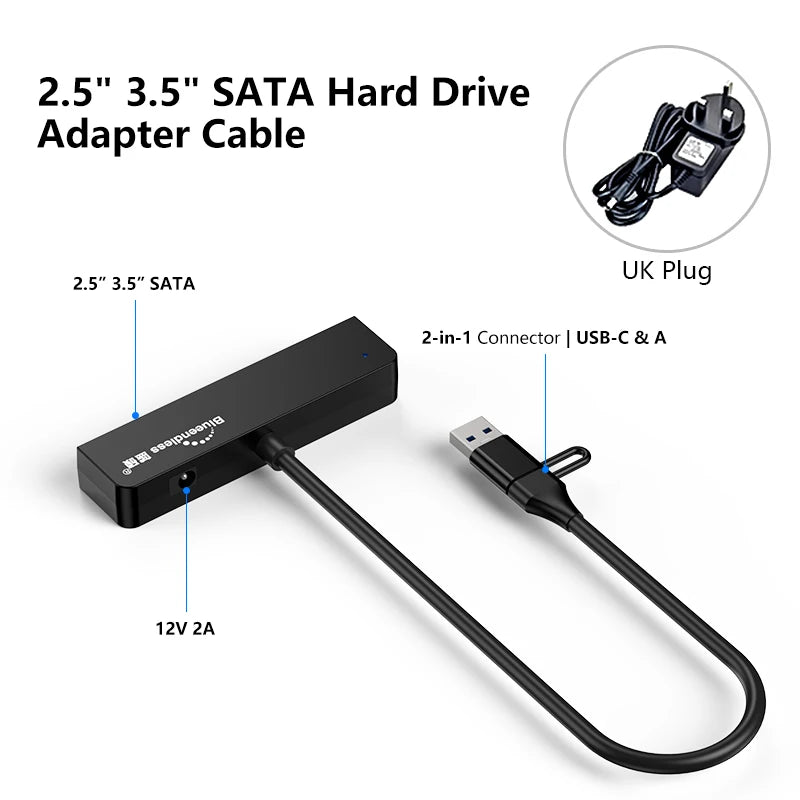 អាដាប់ទ័រ USB 3.0 ទៅ SATA III របស់ Blueendless សម្រាប់ឧបករណ៍បម្លែង USB-A ប្រភេទ C សម្រាប់ខ្សែផ្ទេរទិន្នន័យដ្រាយវ៍រឹងខាងក្រៅ SSD ទំហំ 2.5 អ៊ីញ 3.5 អ៊ីញ