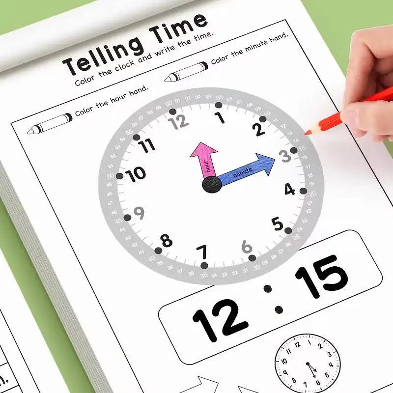 1pcs Kids' Time Telling Workbook – Homeschool & Classroom Activities, Reading Math, Back to School