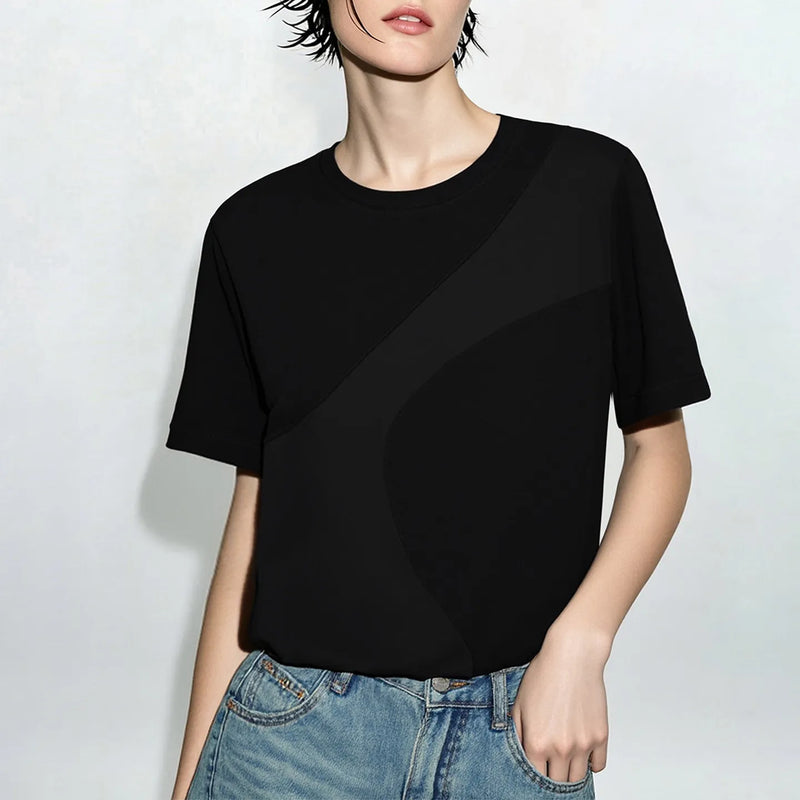 Amii Women's T-Shirt 2026 Summer New Round Neck Patchwork Satin Trim Short Sleeve T Shirt Woman Loose Office Casual Top 12622192