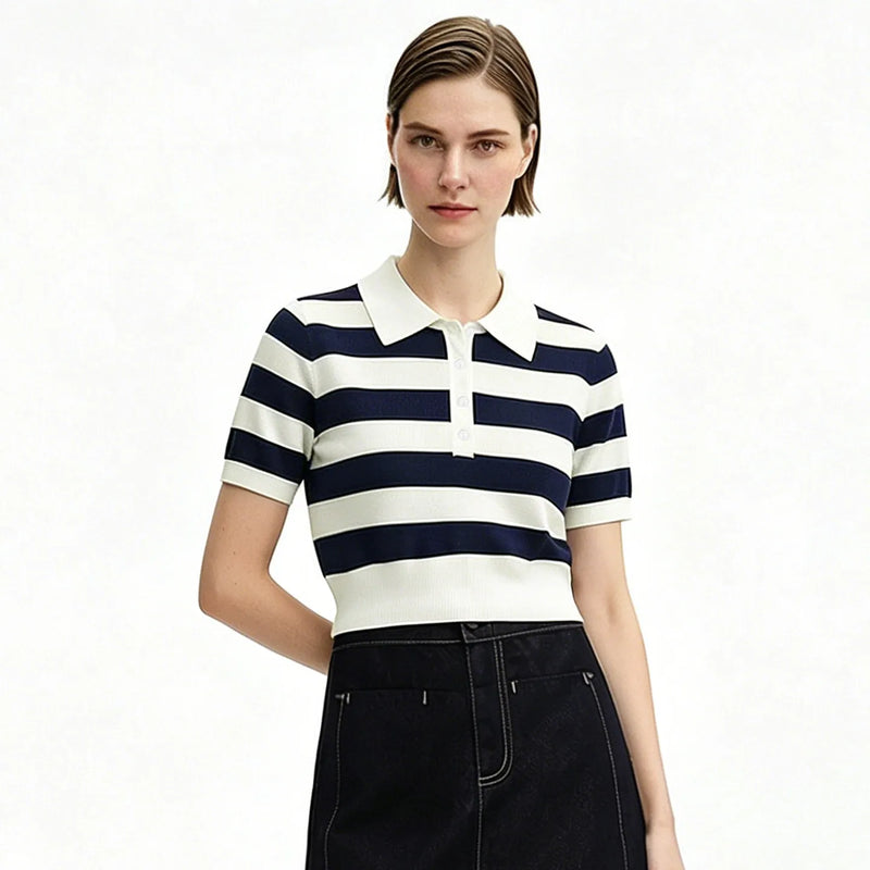 Amii Stripe Women's Knit Top 2026 Summer New Polo Neck Short Sleeve Sweater Slim Fit Casual Cropped Pullover For Women 12622209