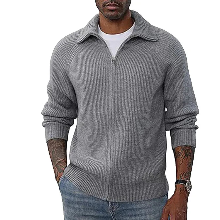 Global Bestseller Men's Zip-Up Knit Sweater, Casual Acrylic Blend Pullover, Gray Black Navy Brown, M-3XL