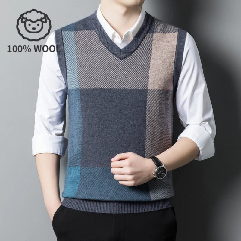 100% Wool Men's V-neck Vest, Warm for Spring and Autumn, Daily Versatile Pullover Vest.Stretchable M-4XL