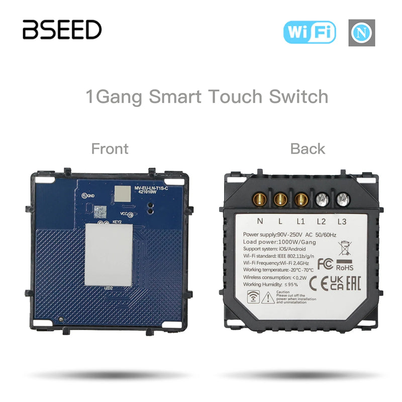 BSEED Smart Touch Switch Function Key 1/2/3Gang 1/2/3Way WIFI Light Switches Base DIY Parts Smart App Control Neutral Required