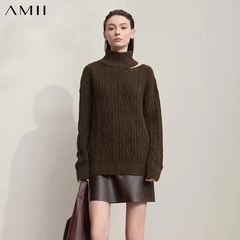 AMII Women's Sweater 2026 Autumn New Turtleneck Hollow Versatile Ladies Sweater Loose Long Sleeves Warm Tops For Woman 12543157