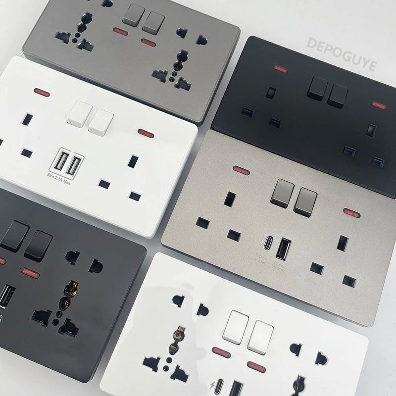 18W Type-C Plug Quick Charging Universal 5-pin Dual Power Socket,UK Standard 13A Wall Socket with DC 5V 3.1A Type-c USB Charger